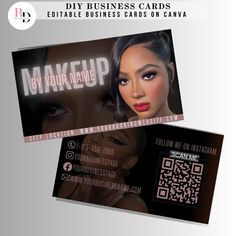 two business cards with qr code on the front and back, both featuring a woman's face