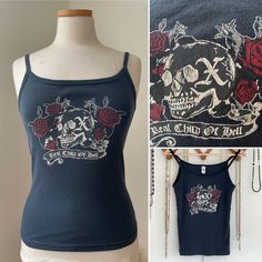 - official band merch from X (John Doe, Exene Cervenka, DJ Bonebrake, Billy Zoom). - Black American Apparel tank top with skull and roses graphic, X band logo and text "Real Child of Hell" - vintage late 90s/early 00,  great condition; soft and broken in, lightly faded, slight crackle to silkscreen. No stains or tears -free US shipping  Tag: American Apparel classic Girl size M 100% combed cotton Check measurements: shoulder to hem: 24 inches armpit to armpit: 15 inches chest: approx 30-36 inches waist: approx. 27-32 inches Kittie Band Merch, Kittie Band, Band Tank Tops, Classic Girl, Skulls And Roses, Band Merch, Black American, American Apparel, Combed Cotton