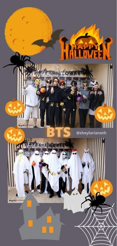 a group of people dressed up in halloween costumes with bats and pumpkins on them