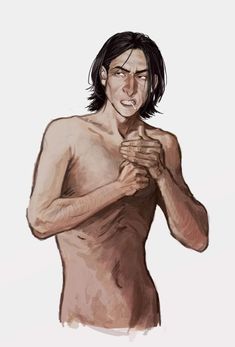 a drawing of a man with no shirt on holding his hands together and looking at the camera