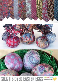 several different types of ties and eggs in a basket