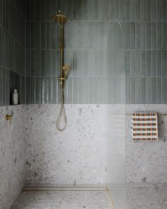 a shower head and hand held shower faucet in a bathroom with green tile