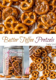 there are many different types of pretzels in this collage with the words butter toffe pretzels