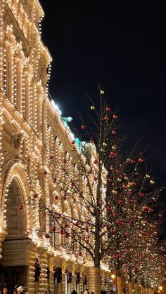 people walking down the street in front of a building with christmas lights all around it