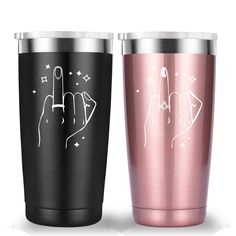 two stainless steel tumblers with hand and finger prints on them, one is pink and the other is black