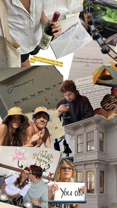 a collage of photos with people holding signs