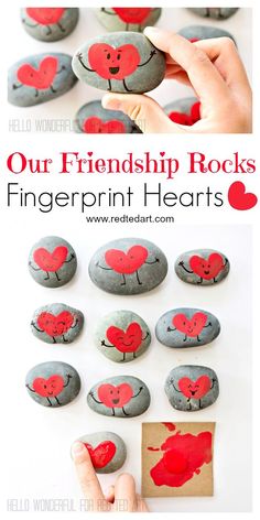 some rocks with hearts painted on them and the words, our friends rocks fingerprint hearts