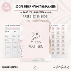 the social media marketing planner is shown with pink and white paper on top of it