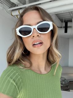 Sunglasses  95% plastic 5% metal  UV 400  Hexagon frame   Moulded nose bridge   Black tinted lenses   Gold-toned hardware Sunglasses White, White Sunglasses, Fleece Dress, Sweatshirt Set, Outerwear Outfit, Loungewear Sets, Nose Bridge, Curve Dresses, Sunglasses Online