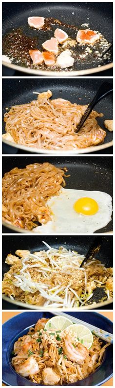 three different pictures of food being cooked in pans on the stove top and bottom