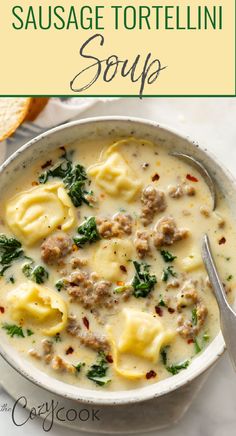 sausage tortellini soup in a white bowl with a spoon. Crockpot Soup Recipes Easy, Creamy Sausage Tortellini Soup, Creamy Sausage Tortellini, Soup Recipes Easy, Sausage Tortellini Soup, Crockpot Soup, Sausage Tortellini, Tortellini Recipes, Crockpot Soup Recipes