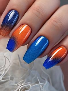 55+ Blue and Orange Nail Designs and Ideas | Sarah Scoop Lsu Nails, Orange Nail Art, Orange Birthday, Orange Nail, Purple Nail Designs, Blue Polish, Spring Nail Designs, Nail Pops