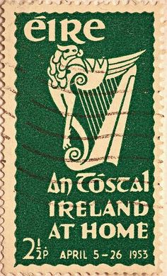 a postage stamp with an image of a harp and the words, fire an coscoi ireland at home