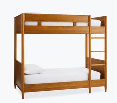 a wooden bunk bed with white sheets and pillows on it's bottom level, against a white background