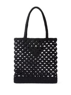 Prada Woven Crochet Tote Bag - Farfetch Luxury Black Straw Bag With Handles, Luxury Black Straw Bag With Braided Handles, Black Woven Leather Straw Tote Bag, Chic Black Straw Bag With Woven Leather, Chic Crochet Bag With Intrecciato Weave For Shopping, Black Straw Bag With Woven Leather For Shopping, Black Leather Woven Straw Bag For Shopping, Black Top Handle Straw Bag With Braided Handles, Black Straw Bag With Braided Handles