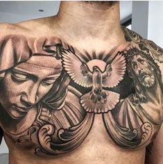 a man with tattoos on his chest has an image of jesus and the virgin mary