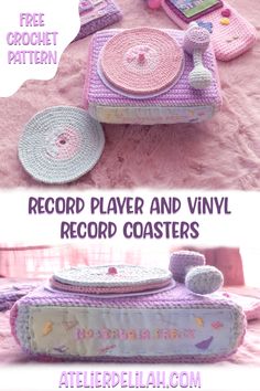 a crochet pattern for a record player and vinyl record coasters on a bed