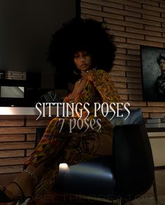 a woman sitting on top of a chair in front of a brick wall with the words sittin's poses