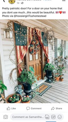 there are many potted plants on the front porch with american flag in the background