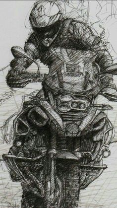 a drawing of a motorcyclist is shown in black and white, as if it were drawn on paper