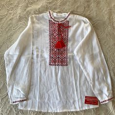 New Ukrainian Traditional Shirt Casual Embroidered Shirt Traditional Fit, Casual Embroidered Shirt With Traditional Fit, Traditional White Embroidered Shirt, Traditional Fit White Top, Red Embroidered Long Sleeve Shirt, White Embroidered Long Sleeve Shirt, Traditional White Tops, Traditional White Top, Traditional Fit Cotton Tops For Spring