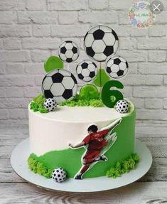 a birthday cake with soccer decorations on it