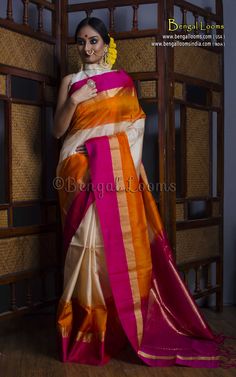 Pure Handloom Kanchipuram Soft Silk Saree in Cream, Orange and Rani Offwhite Silk Sarees, Off White Raw Silk Saree, Orange Kanchipuram Saree, Kanchivaram Silk Saree, Kanchipuram Pattu Sarees, Indian Dress Up, Handloom Silk Saree, Kanjivaram Sarees Silk, Sarees For Girls