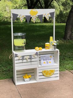 an outdoor lemonade stand is set up in the grass