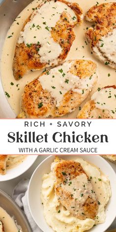 chicken with garlic cream sauce in a skillet