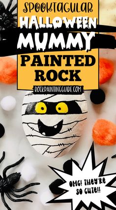 an advertisement for spooktacular's halloween museum painted rock with pumpkins and spider