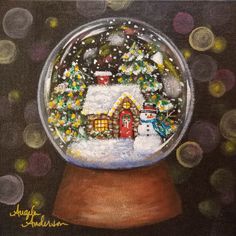 a painting of a snow globe with a house in it