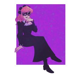 a drawing of a woman with pink hair wearing a black dress and catwoman mask