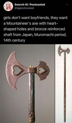 A mountaineers #axe with #heart shaped holes and #bronze #reinforced shaft from #Japan, #muromachi period, #14th #century Knife Aesthetic, Muromachi Period, Pretty Knives, Between Two Worlds, Cool Swords, Cool Knives, My Future, 14th Century, Dnd Characters