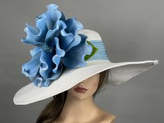 "One size hat.(20\"-22.5\") Adjustable inner band Wired brim. Brim is approx. 6\" Please visit my other shop https://www.etsy.com/shop/BridalWorldAccessory Thank you very much for shopping  at my shop Have a great day." Blue Wide Brim Hat Bands For Kentucky Derby, Spring Wedding Hat Bands, Blue Flat Brim Hat Bands For Kentucky Derby, Elegant Adjustable Blue Hat Band, Wide Brim Wedding Hat, One Size Fits Most, Blue Fedora Straw Hat For Kentucky Derby, Wide Brim Hat For Wedding, One Size Fits Most, Kentucky Derby Sun Hat, White Blue Wedding