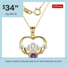 A timeless Irish sentiment. Crafted in stunning 18K yellow gold over sterling silver, this genuine amethyst and diamond-accent pendant necklace showcases a classic heart and crown design—representing love, loyalty and friendship.Metal: 18K yellow gold over sterling silverStone: 5mm heart-shaped genuine amethystOther Stones: Diamond accentSetting: Prong and pavéClosure: Spring-ringDimensions: 18" long cable chainPendant Size: 20x24.5mm longCare: Wipe CleanCountry of Origin: ImportedGemstones may… 14k Stamped Amethyst Jewelry Gift, Amethyst Jewelry Stamped 14k Gift, Amethyst 14k Stamped Jewelry For Gift, Amethyst Yellow Gold Jewelry Stamped 14k, 14k Stamped Yellow Gold Amethyst Jewelry, Amethyst Jewelry In Yellow Gold Stamped 14k, Gold Amethyst Jewelry Gift, Gold Amethyst Jewelry As A Gift, Gold Amethyst Jewelry For Gift