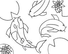 an image of two fish swimming in the water with bubbles and stars around them, coloring page