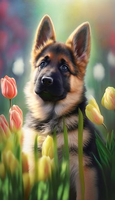 a painting of a german shepherd dog in the grass with tulips behind him