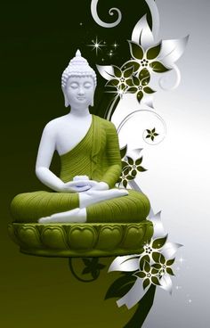 a white buddha statue sitting on top of a green cushion next to flowers and swirls