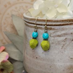 Small Drop Earrings, Small Boho, Wilmington Nc, Brass Accents, Ear Hook, Czech Beads, Bead Earrings, Diy Earrings, Czech Glass Beads