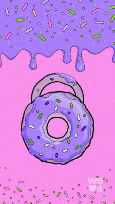 a donut with sprinkles on it sitting in the middle of a pink background