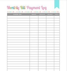 a printable bill payment log