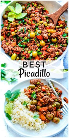 two plates filled with different types of food and the words best picadillo