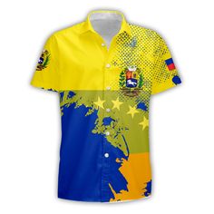 Venezuela Short Sleeve Shirt Flag & Coat Of Arms Paint Style Multicolor Short Sleeve Work Shirt, Yellow Short Sleeve Shirt With Button Closure, Yellow Short Sleeve Shirt, Venezuela Flag, Arm Painting, Cuff Detail, Sleeve Cuff, Flag Shirt, Button Down Collar