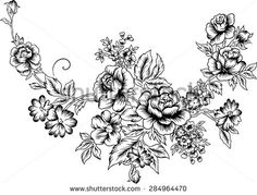 black and white drawing of flowers with leaves on a white background stock photo, images and royalty