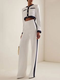 Chic High-Waisted Wide Leg Contrast Color Suit Pants Celana Fashion, Mid Waist Pants, Two Piece Pants Set, Mode Casual, Flare Leg Pants, Elegantes Outfit, Looks Chic, Solid Clothes, Pants Pattern