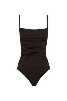 Swimming Outfit Ideas Clothes, Summer Strapless Swimwear With Removable Straps, Fitted Bandeau Swimwear With Removable Straps, Solid Ruched Bandeau Swimwear, Solid Color Ruched Bandeau Swimwear, Strapless Ruched Swimwear For Sunbathing, Black Bandeau Swimwear With Lined Body, Elegant Black Swimwear With Spaghetti Straps, Bandeau Ruched Swimwear For Sunbathing