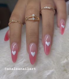 Ombré Heart Nails, Ombre Heart Nails, Pink To White Ombre Nails Almond, Almond Nails Designs Valentines Day, Almond Valentines Nails Pink, White To Pink Ombre Nails, Pink Nails Ideas Almond, Heart Ombre Nails, Ombre White And Pink Nails