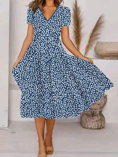 Affordable price buy Dresses on Zolucky, SPU: 2941QDR7S801D, Color: Blue, Neckline:V neck, Silhouette:A-Line. Inexpensive Dresses, Sell Dresses, Cheap Dresses Casual, Dress Name, Clothing Catalog, V Neck Midi Dress, Types Of Dresses, Buy Dress, Floral Print Dress