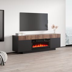 an entertainment center with a fireplace in the middle and a flat screen tv above it