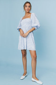 This cute mini dress features a classic smocked bodice while 3/4 length puff sleeves add some elegance. Done in 100% cotton. Cute Mini Dress, Bra Size Charts, Blue Paisley, Price Comparison, Clothing Size Chart, Bra Sizes, Natural Fabrics, Active Wear Tops, Puff Sleeves